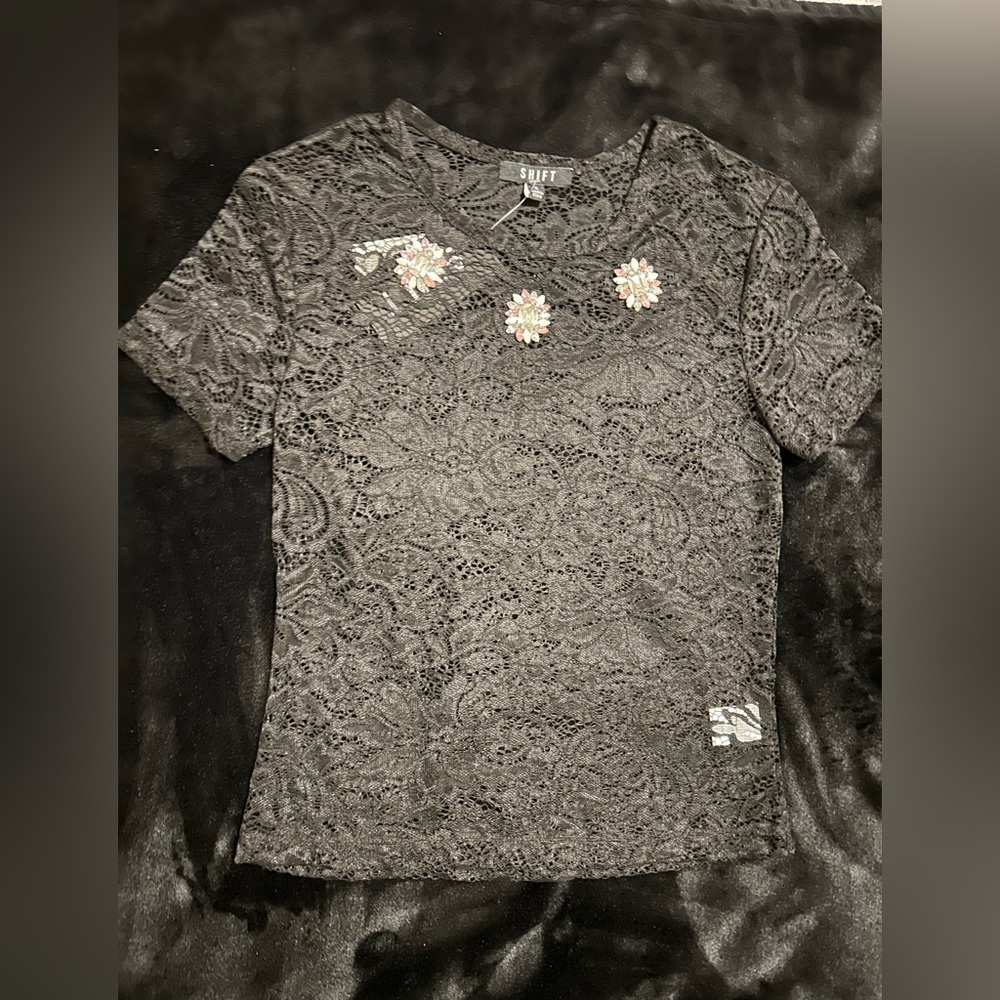 Macys Black net top with embellishments NWT